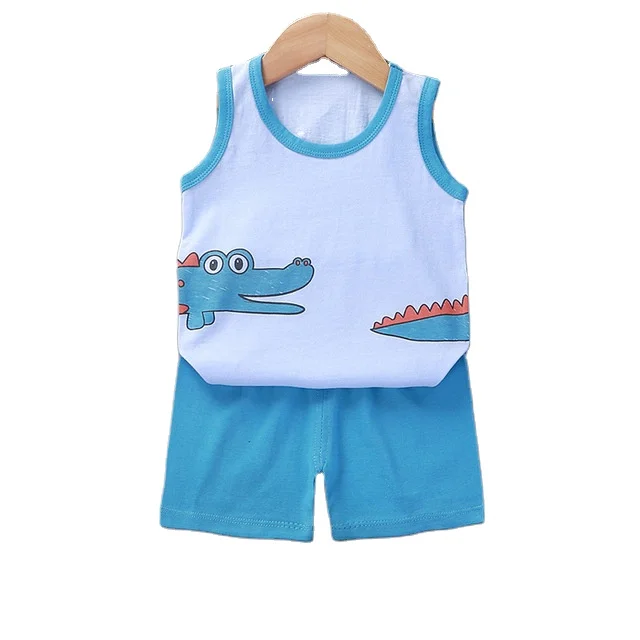 

2021 Hot sale summer children clothes sleeveless vest set infant baby boys girls cotton sports set kids cotton sets, As picture