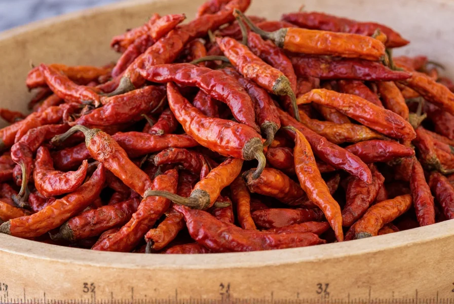 Close-up of dried chile de arbol peppers arranged in a wooden bowl with measuring scale showing length and color variations