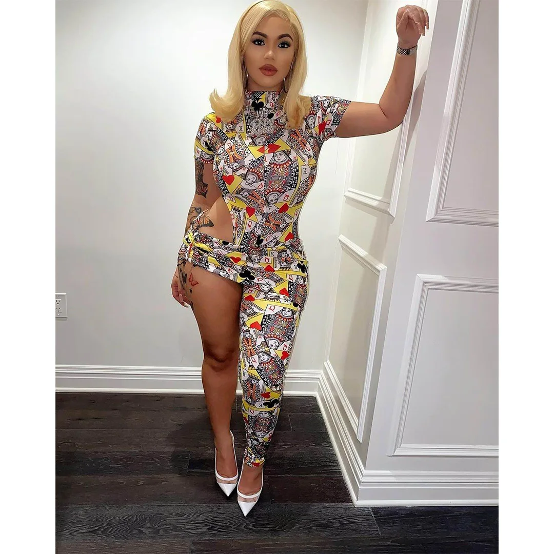 

A1292 - 2021 hot Fashion Women Bodycon Short Sleeve Printed Jumpsuit