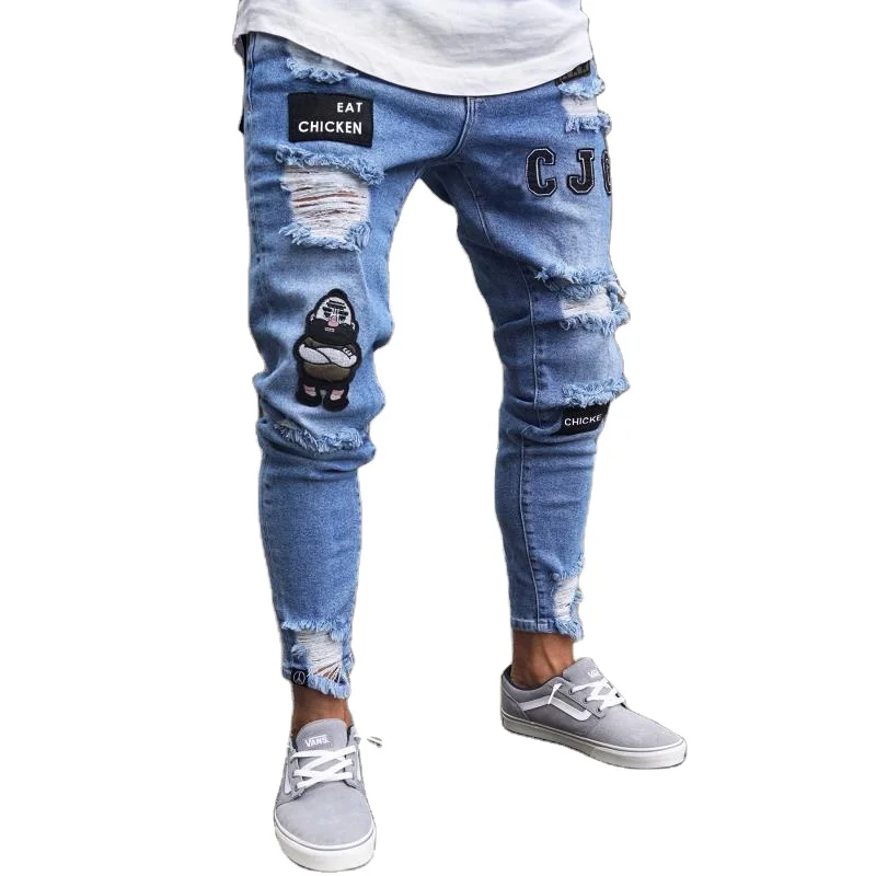 

Wholesale men hiphop fashion trousers streetwear mens skinny emblem embroidered 2021 men's denim pants jeans, Light blue,black,white