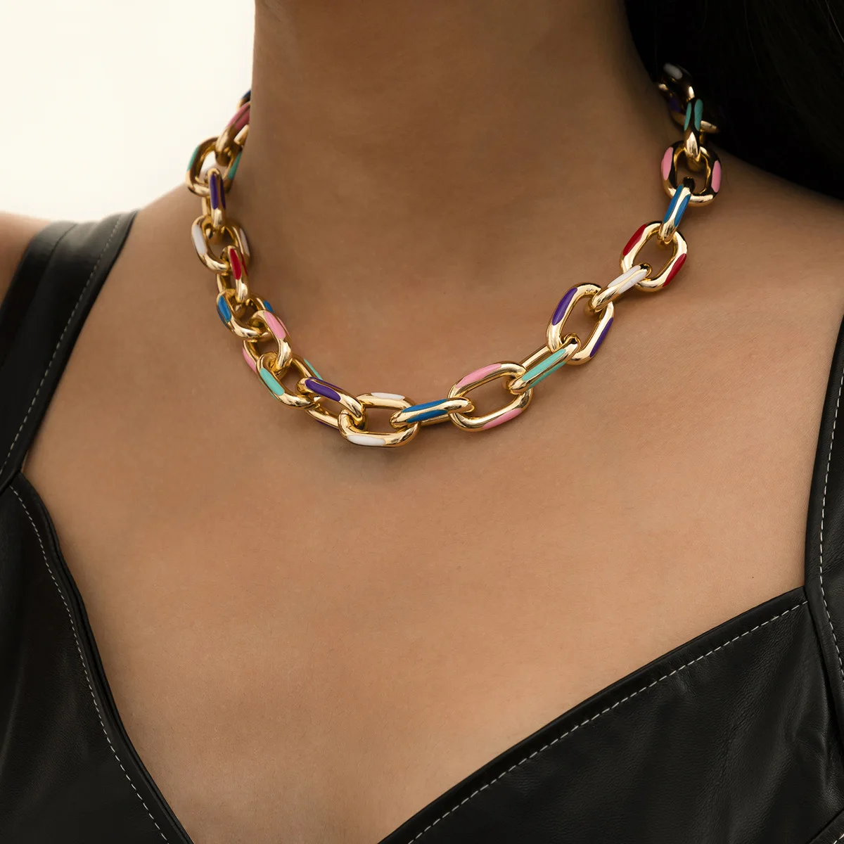 

18k Gold Plated Hip Hop Punk Nightclub Bar Metal Cuban Link Chain Bracelet Bangle Necklace for Women, Customized color