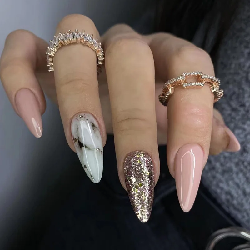 

Luxury Designed Reusable Marble Nude False Nails Short Custom Acrylic Press On Nails Artificial Nails for Woman