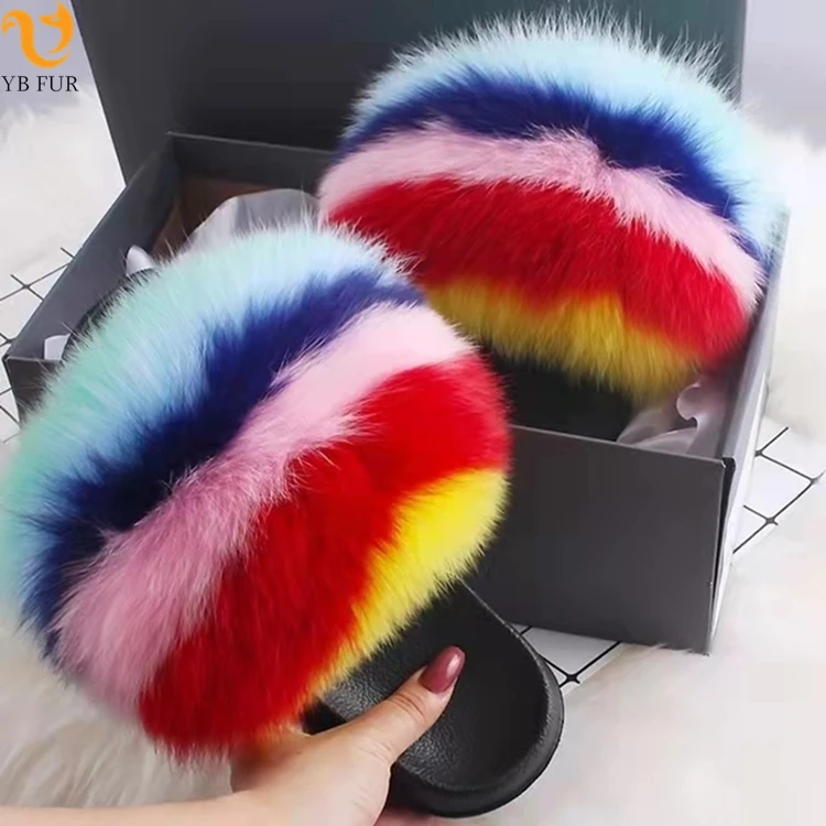 

Wholesale custom logo real fox raccoon fur slippers furry fur slides for women, Customized color