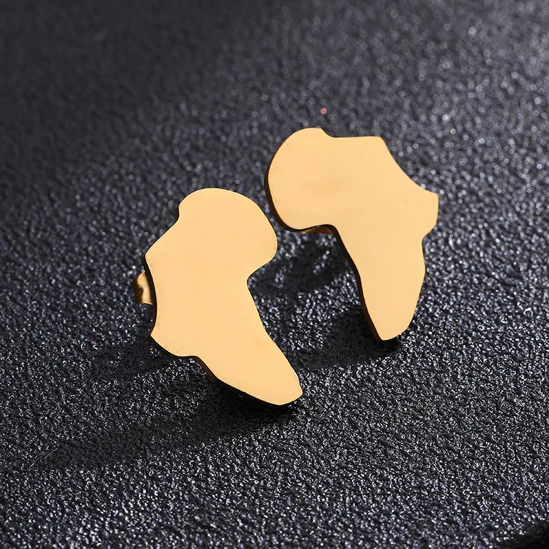 

HONGTONG Factory Outlet Amazon Explosion Style Fashion Glossy Gold Stainless Steel Africa Map Stud Earrings For Women, Picture