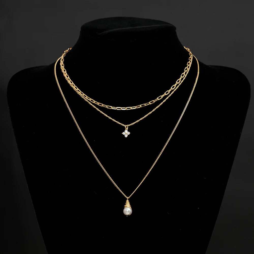 

New arrival Sweater chain Dainty CZ Chokers Necklace Layered Circle Necklace Wrapped freshwater pearl pendant Y Necklace, Gold