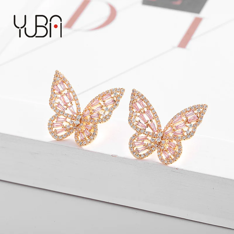 

New Design Luxury Fashion Gold Plated Crystal Earrings Women Hollow Cubic Zircon Butterfly Stud Earrings Jewelry For Party