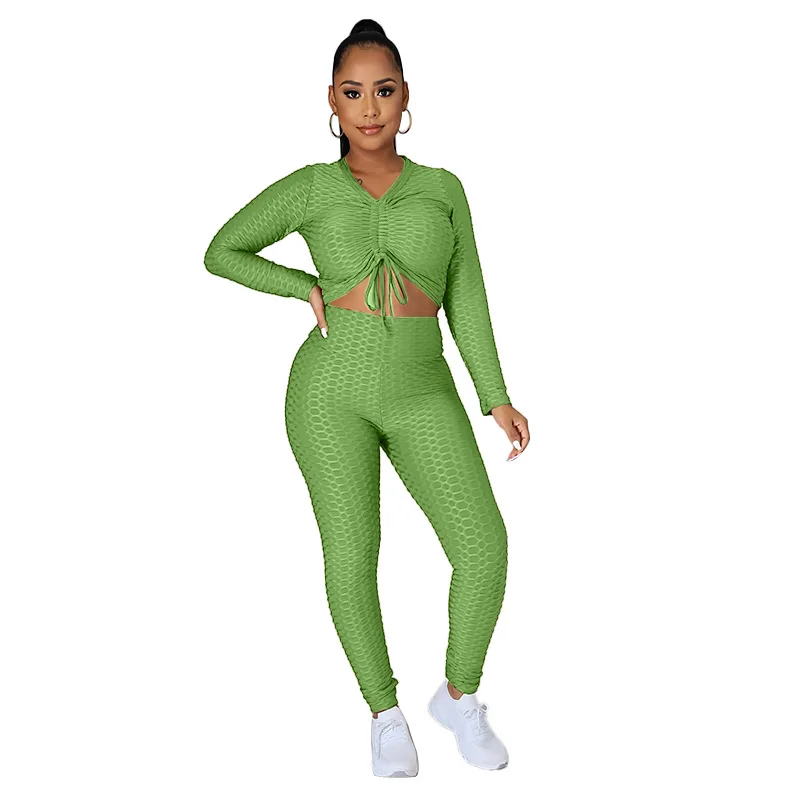 

2021 autumn and winter new products popular V-neck jacquard drawstring pleated two-piece yoga sports suit, Customized colors