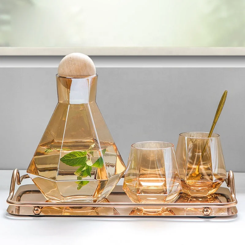 

hot selling cold water bottle water cup set creative Nordic hexagonal diamond color glass water bottles