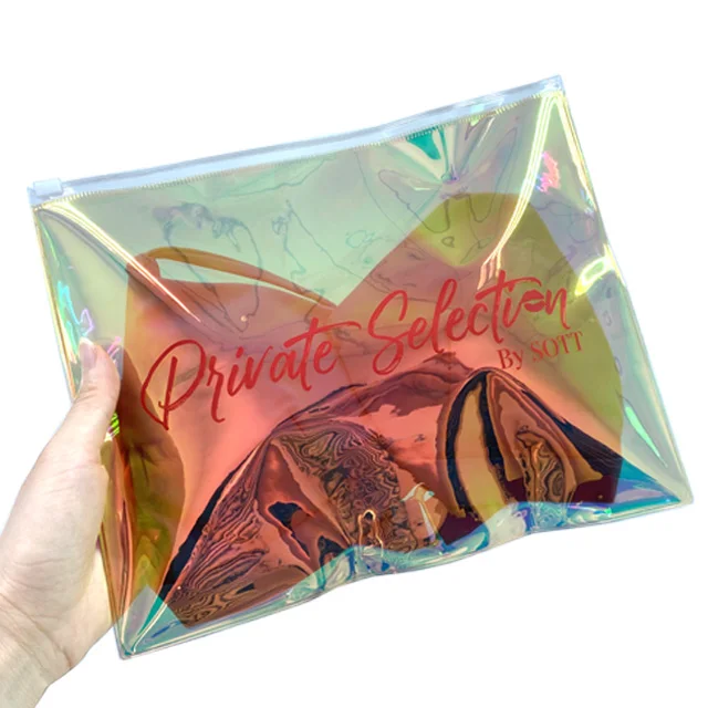 

Waterproof Custom Logo Hologram Shiny Zipper Plastic Packaging Bags For Bikini Cosmetic Garment Zip lock Pouch