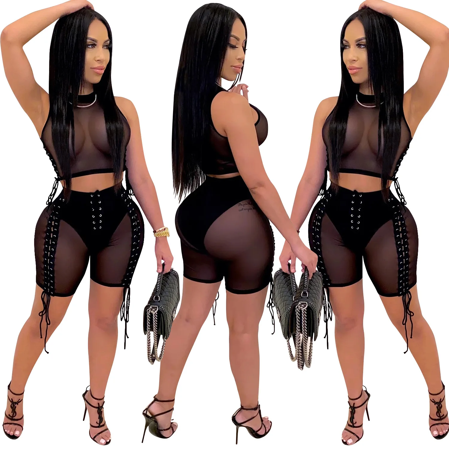 

2022 Women Summer Club Set Mesh See Through Two Piece Pants Set Off Shoulder Sexy Crop Top Tassel Mesh Women 2 Piece Bodycon Set