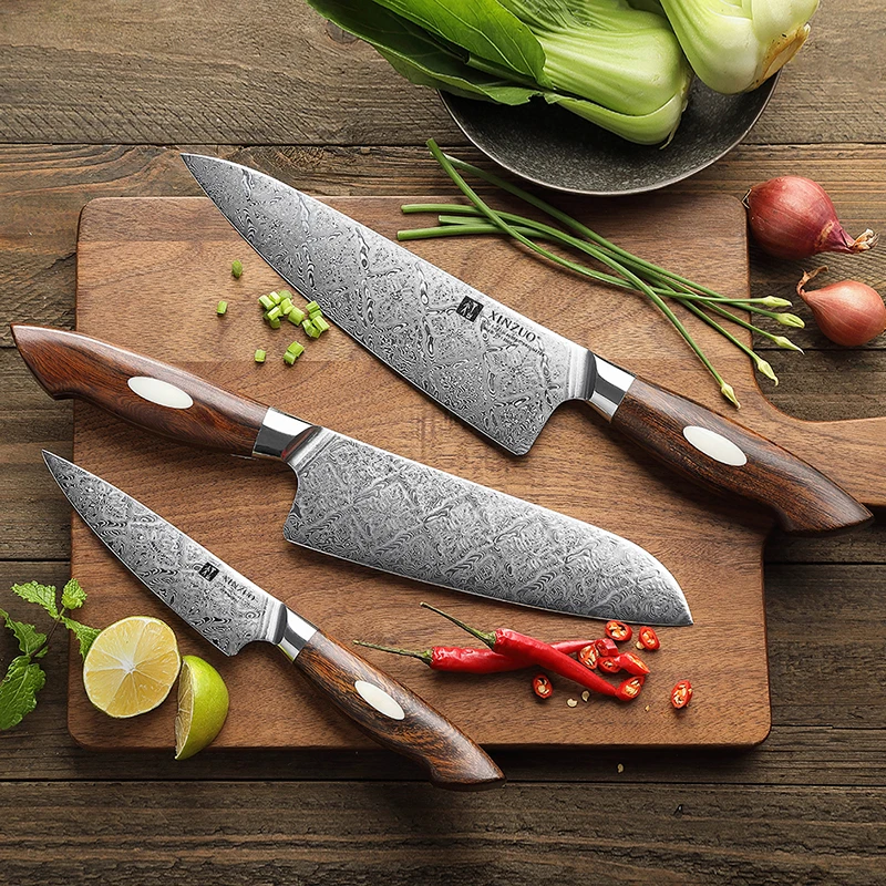 

Hot Sale 110 layers Dual-core Damascus steel Desert Ironwood Handle Luxury Kitchen 3 Pcs Chef Knife Set