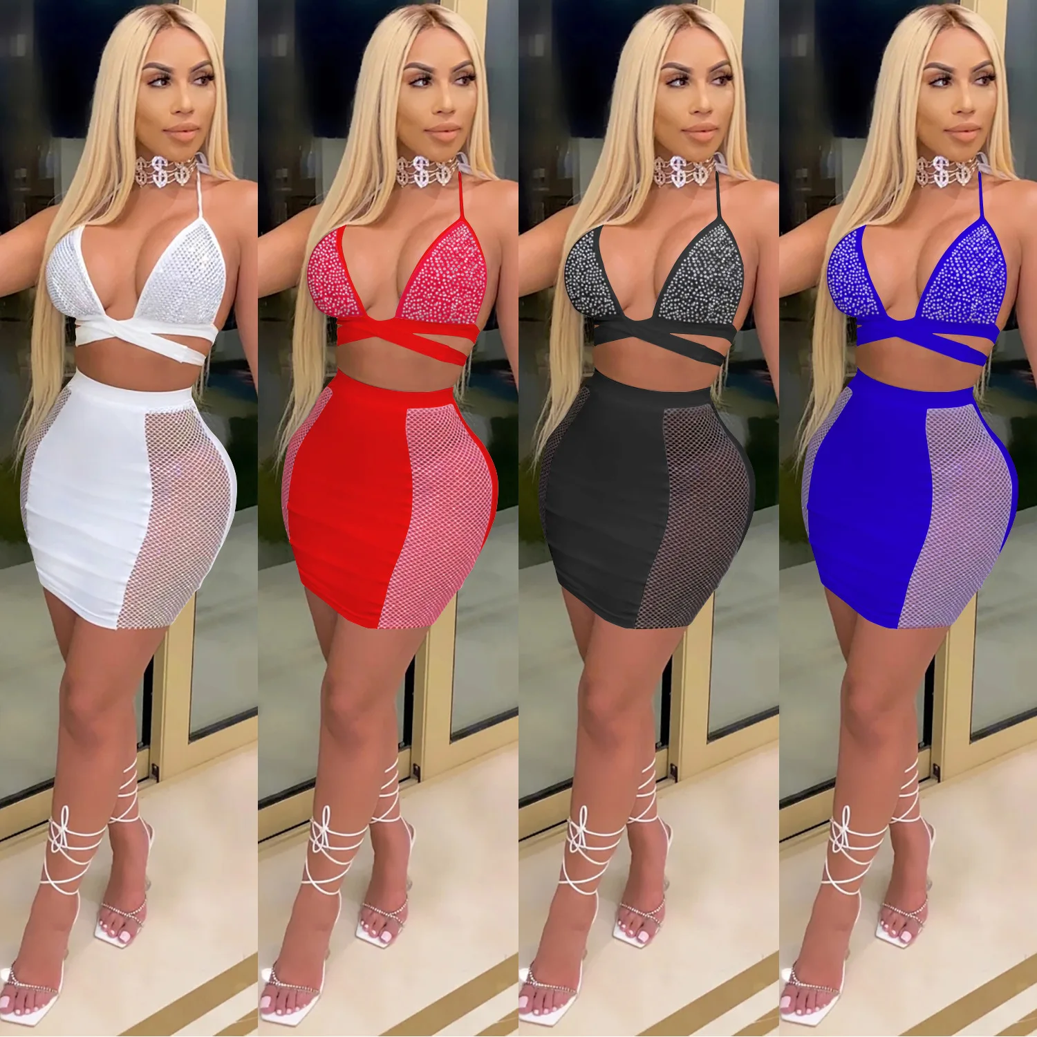 

Sexy nightclub two piece set women halter v neck diamonds tank tops+ mesh patchwork skirts 2 piece sets female party clothing, White,red,black,blue