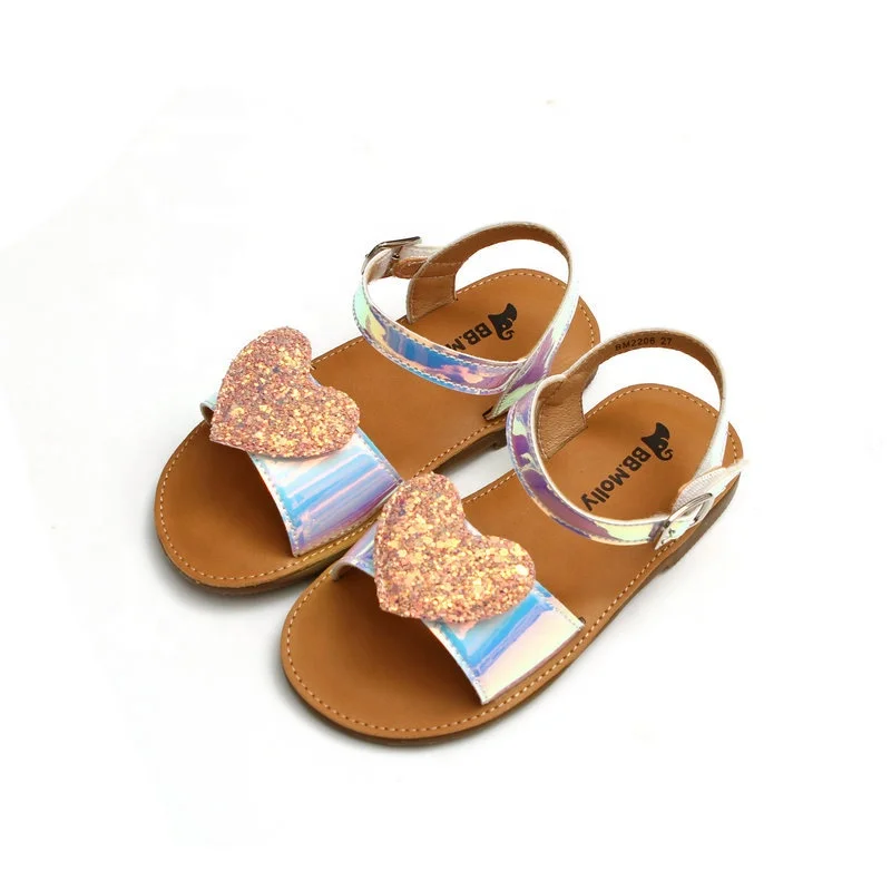 

New colorful laser leather little kids anti-slip summer girls shoes and sandals with sequin heart, As picture