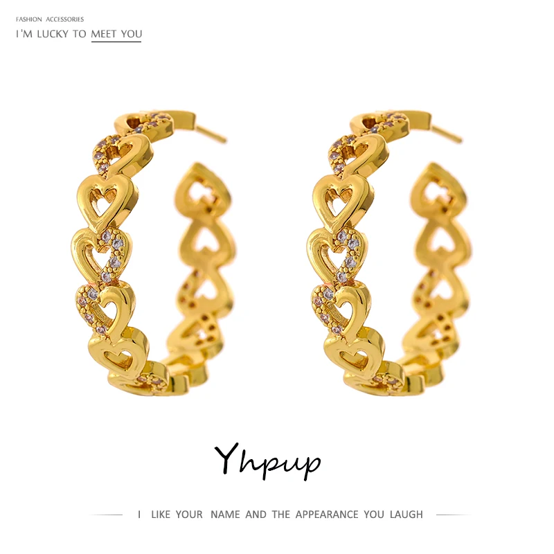 

Yhpup Copper Plated 18K PVD Romantic Gold Heart Round Cubic Zirconia CZ Huge Earrings Hoop Earrings