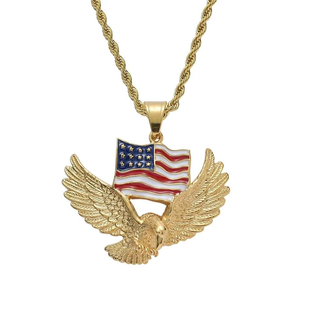 

Lotus gold plated stainless steel eagle american flag pendant necklace, Gold/silver