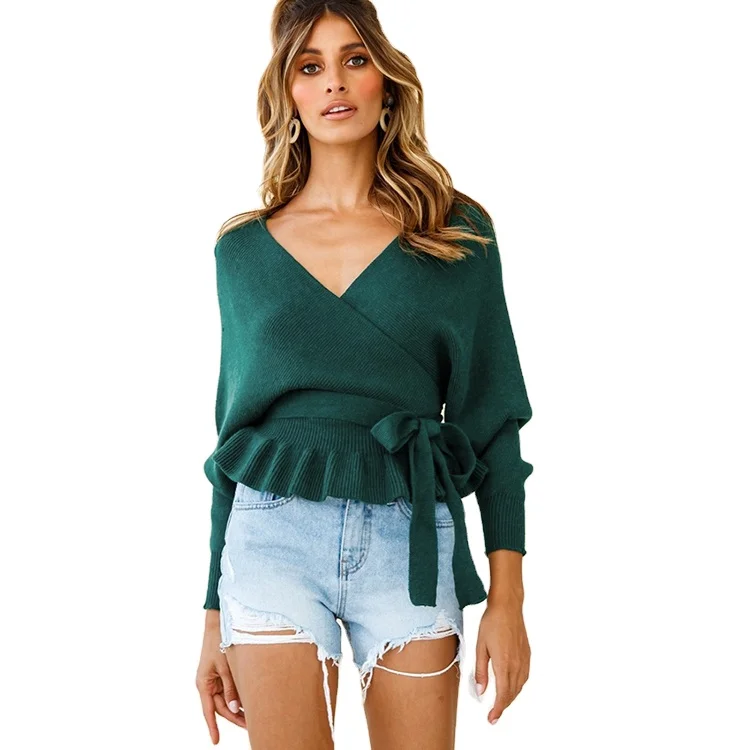 

New Fashion Wrap V Neck Long Sleeve Belted Waist Short Ruffled Bottom Women Knitted Sweater