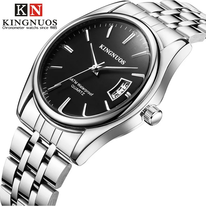

Kingnuos 1853 New Stylish Leather Band Stainless Steel Men Calendar Waterproof Wrist Watch Quartz, As the picture