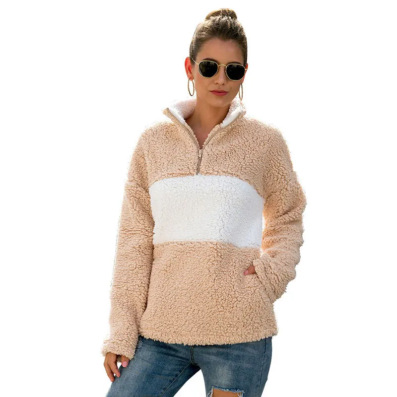 high quality custom logo half zip sherpa stitching fleece blank pullover for women