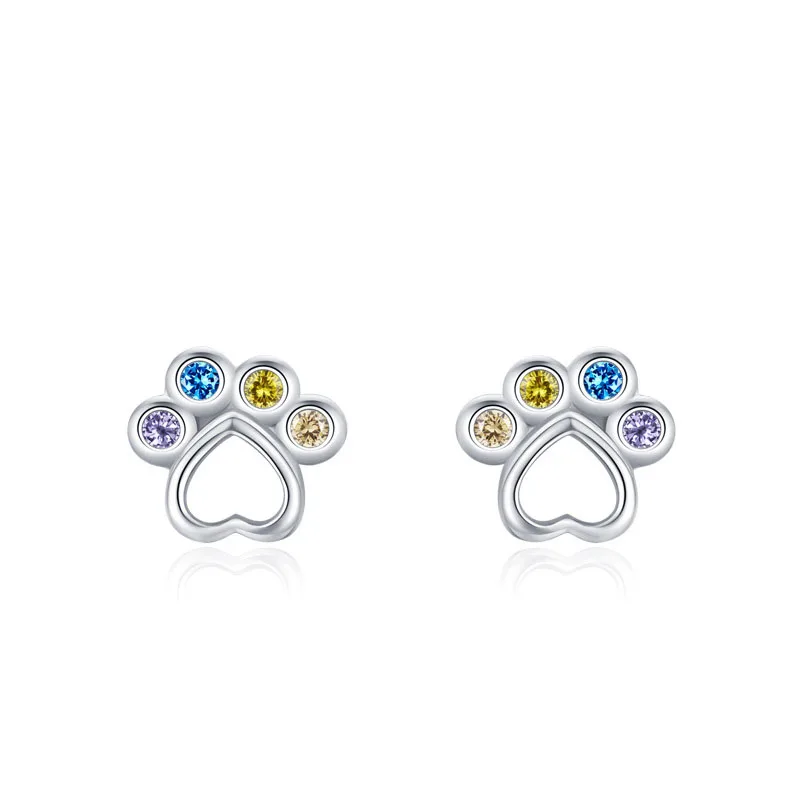 Sweet Cute Animal Paw Print Footprint Earrings 925 Sterling Silver Colorful Zircon Bubble love Heart Earrings