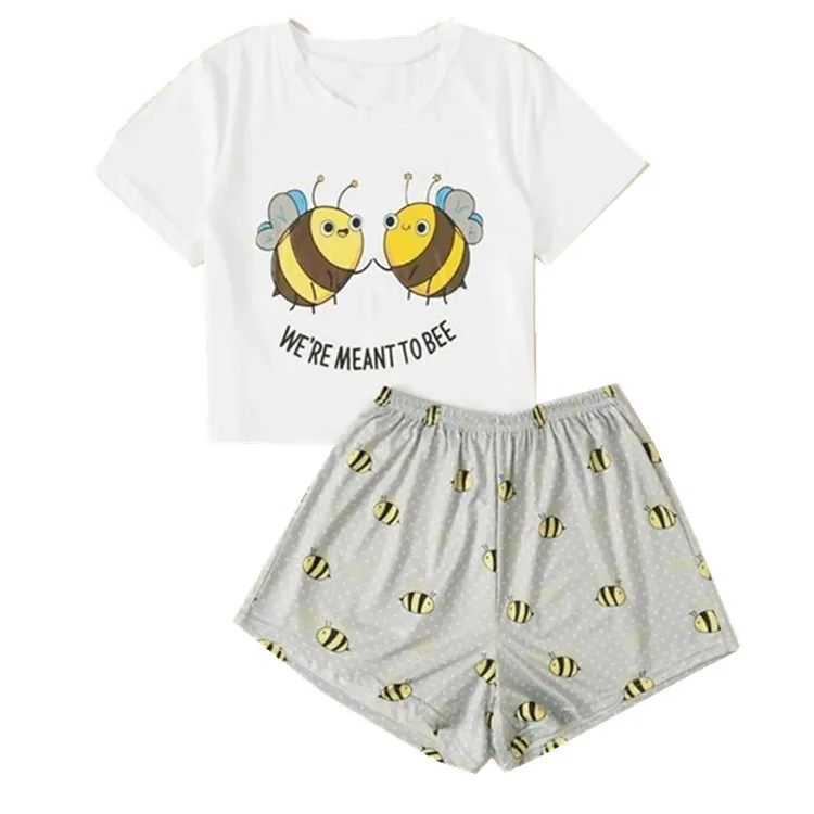 

2022 cutest little bee sleepwear women o-neck t-shirt and shorts lounge wear ladies pajamas nightwear