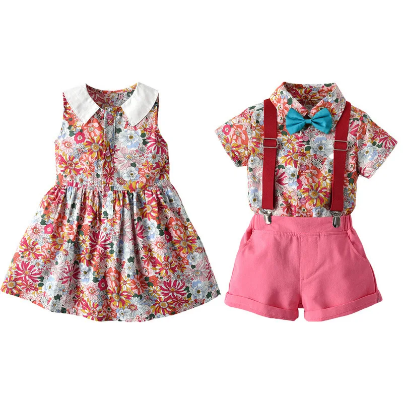 

Brother Sister Girls Summer Sleeveless Baby Collar Floral Dress Boys' Shirt Suspender Pants Dropshipping