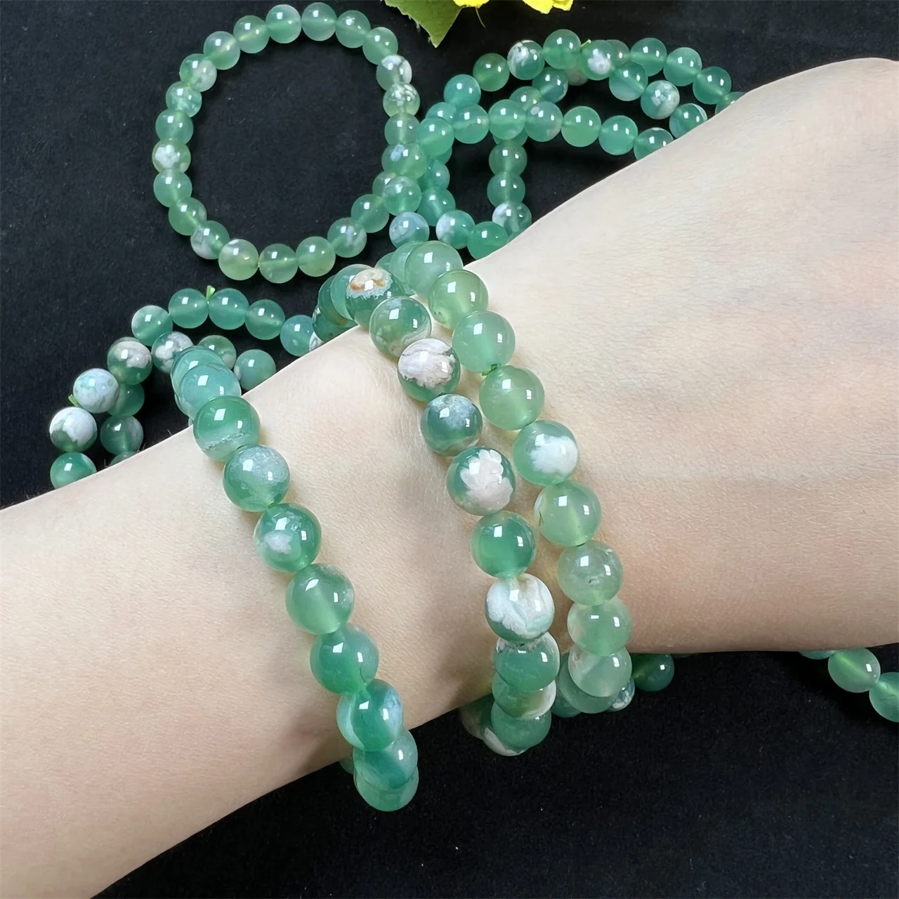 Natural Green Flower Agate Bracelets Stone Jewellery Healing Quartz Bead Gemstone Crystal Bracelet