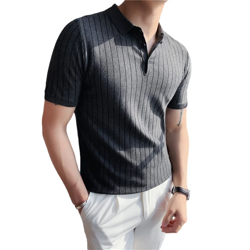 

Summer New knitting Polo Shirt Men Short sleeved Casual Slim Solid Color Polo Shirt Shrink proof Outdoor Leisure Polo Shirt