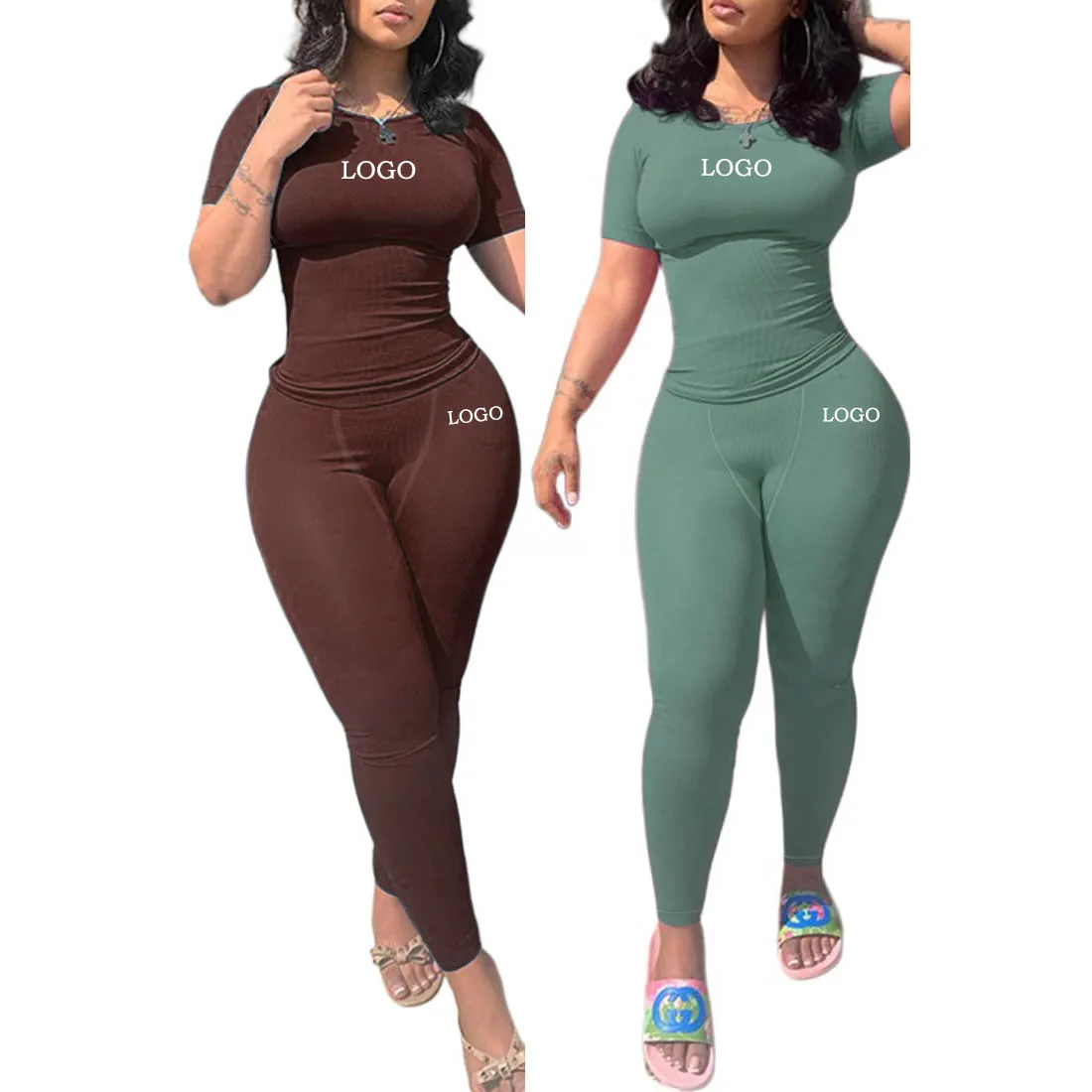 

Summer Custom lounge wear women clothing 2023 solid knitted ribbed two piece set women short sleeves skinny legging pant set