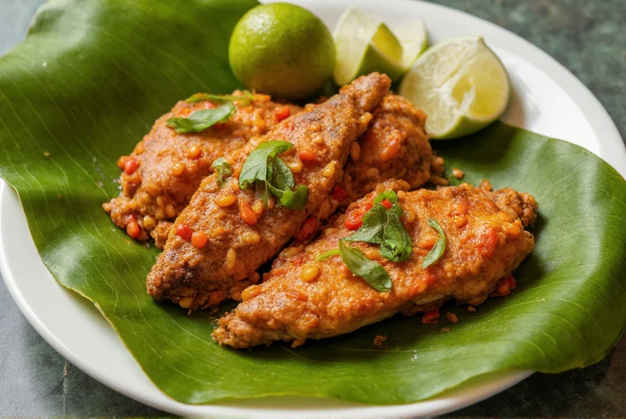 Fresh Jamaican fish and pepper dish served on banana leaf with whole scotch bonnet peppers and lime wedges