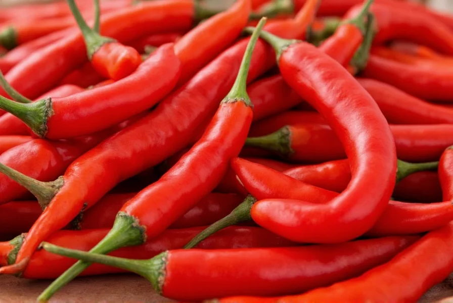 Close-up of cayenne pepper pods showing vibrant red color and slender shape on plant