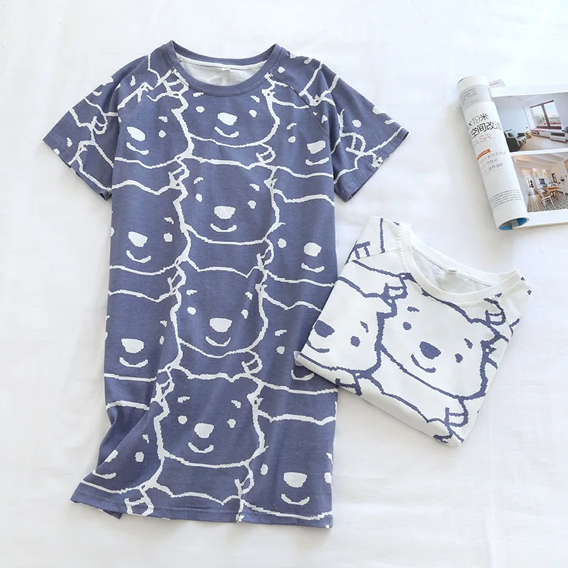 

New Summer Nightdress Ladies Short 100% Cotton Short Sleeve Loose Plus Size Skirt Thin Comic Style Cute Bear Home Skirt Dress