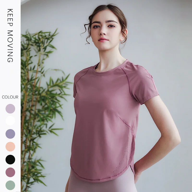 

Wholesale Customized Good Quality Side Slit Mesh Short Sleeve T-Shirt Women Fitness Shirt Yoga Training Wear Tracksuits