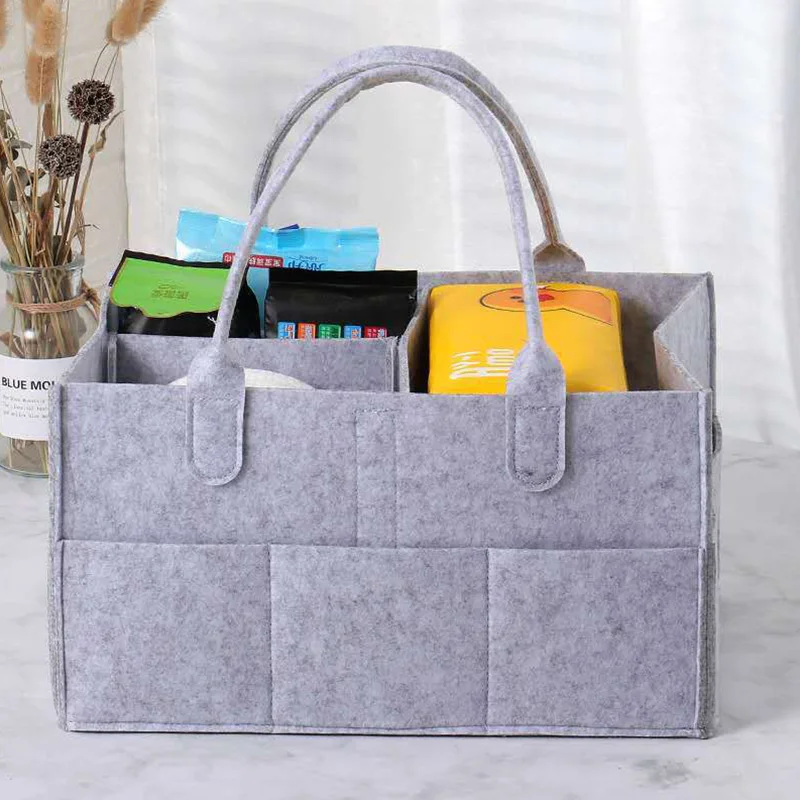 

Custom Foldable Large Capacity Felt Baby Diaper Bag Felt Storage Organizer Felt Mommy Caddy Bag Nappy Organizer Tote, Grey, black, blue, pink, purple