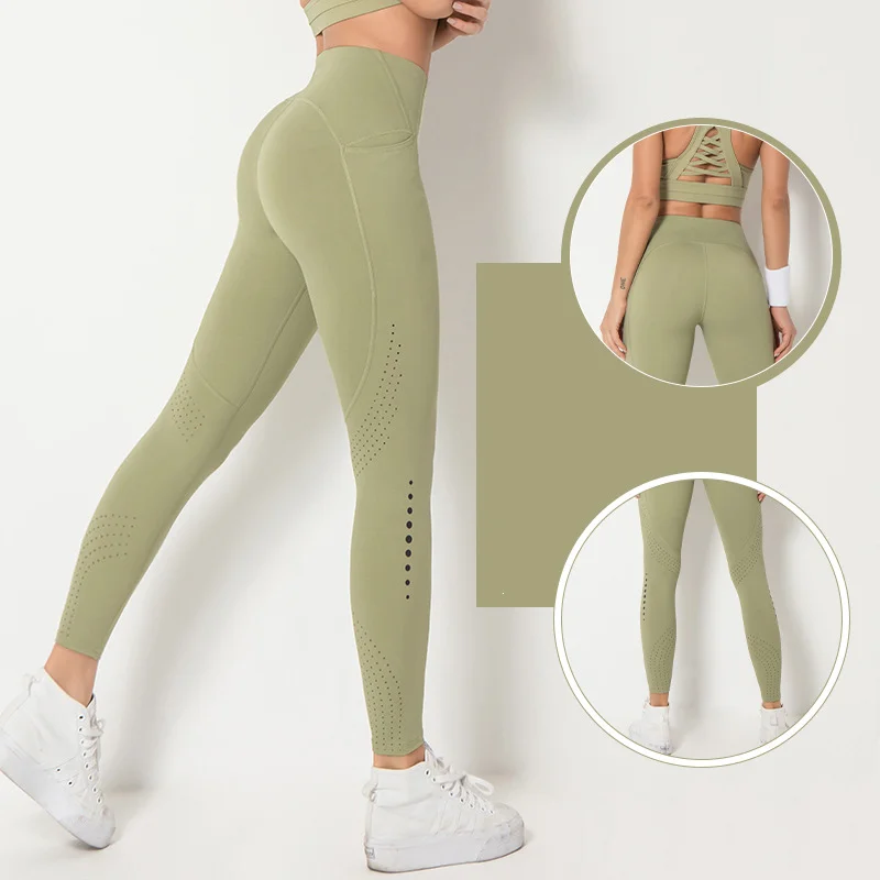 

Women High Waist Laser Hollow Out Active Sports Pants Compression Butt Lift Workout Exercise Gym Yoga Leggings With Pocket, Multi color