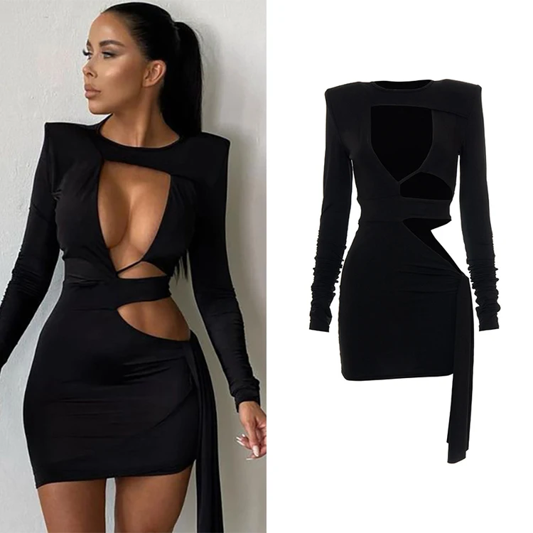 

New Trend Women Clothing Irregular Lace Up Hollow Out Vestido Black Long Sleeve Sexy Mini Bodycon Dress