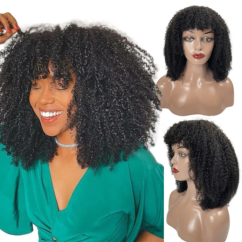 

Cheap remy human afro kinky curly wigs,180% afro curly bang wigs human hair wigs for black women,180% machine made none lace wig
