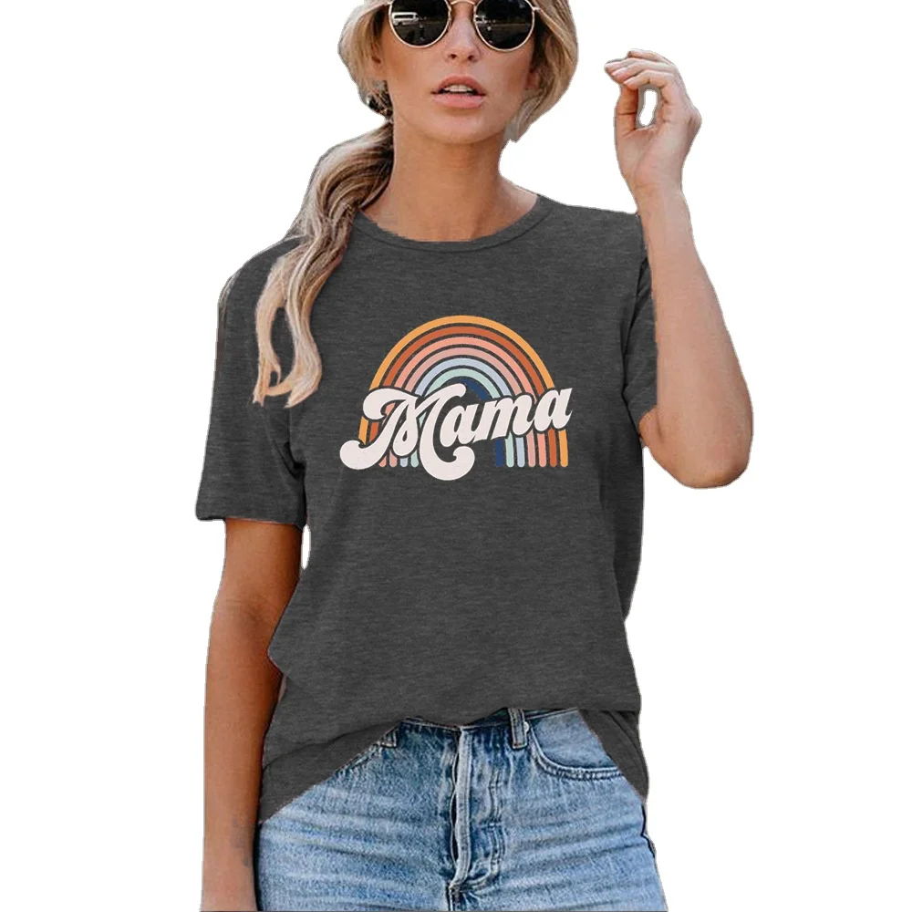 

Explosive women's top mama rainbow pattern printed round neck short-sleeved t-shirt, Picture color