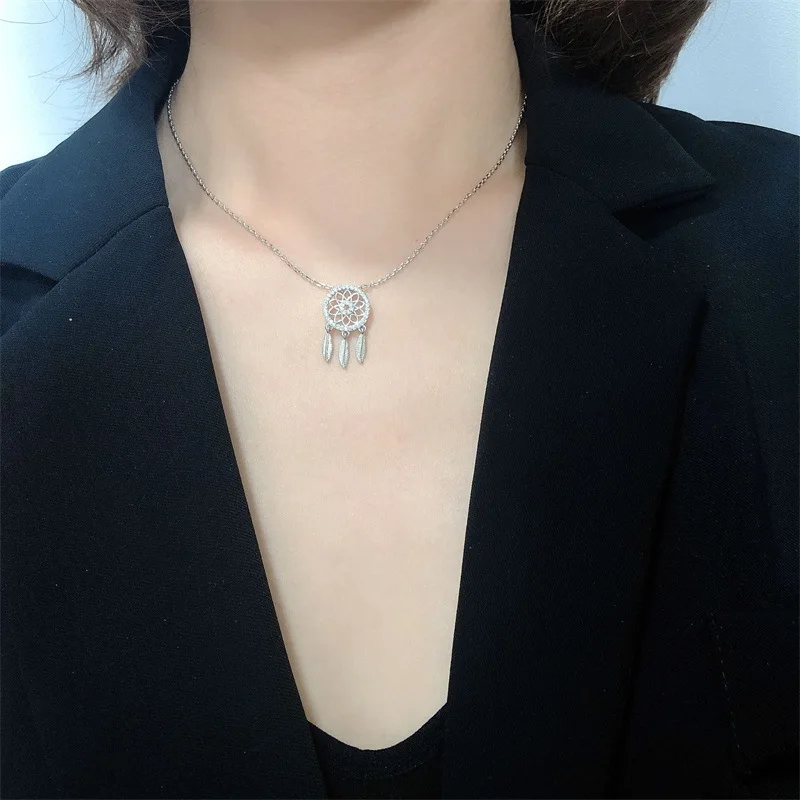 

JuHuKorean Version Of 925 Sterling Silver Dream Catcher Necklace Female Ins Cold Wind Clavicle Chain Tide Necklace Cute Necklace, As shown in the figure