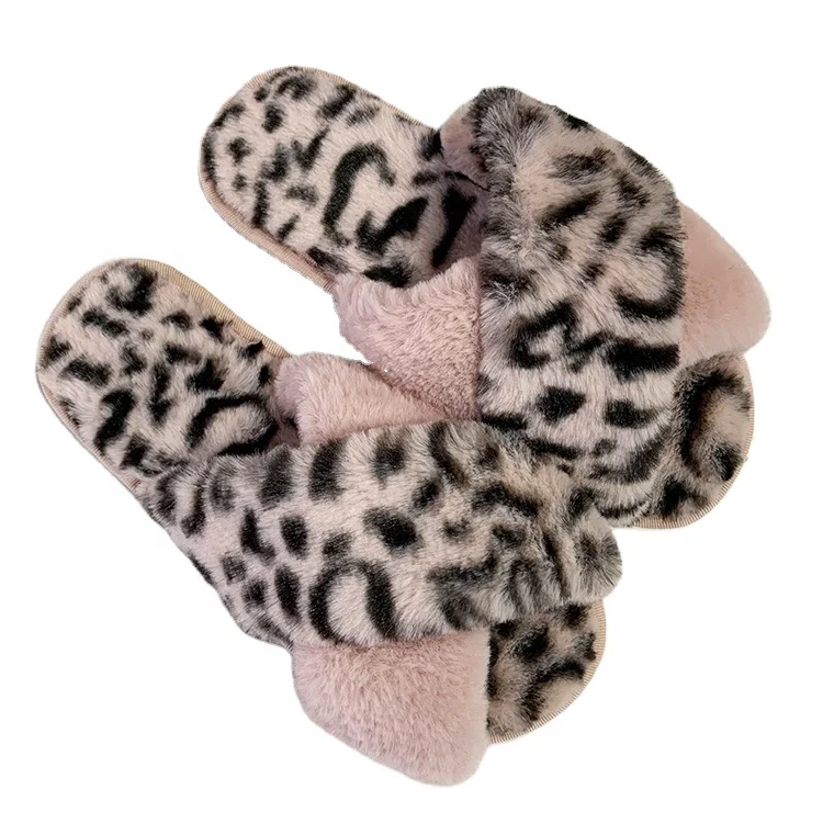 

2022 Spring Autumn Women Warm Fleece Home Slippers Ladies Leopard Cross Soft Furry Fashion Female Open Toe Shoes, Customized color