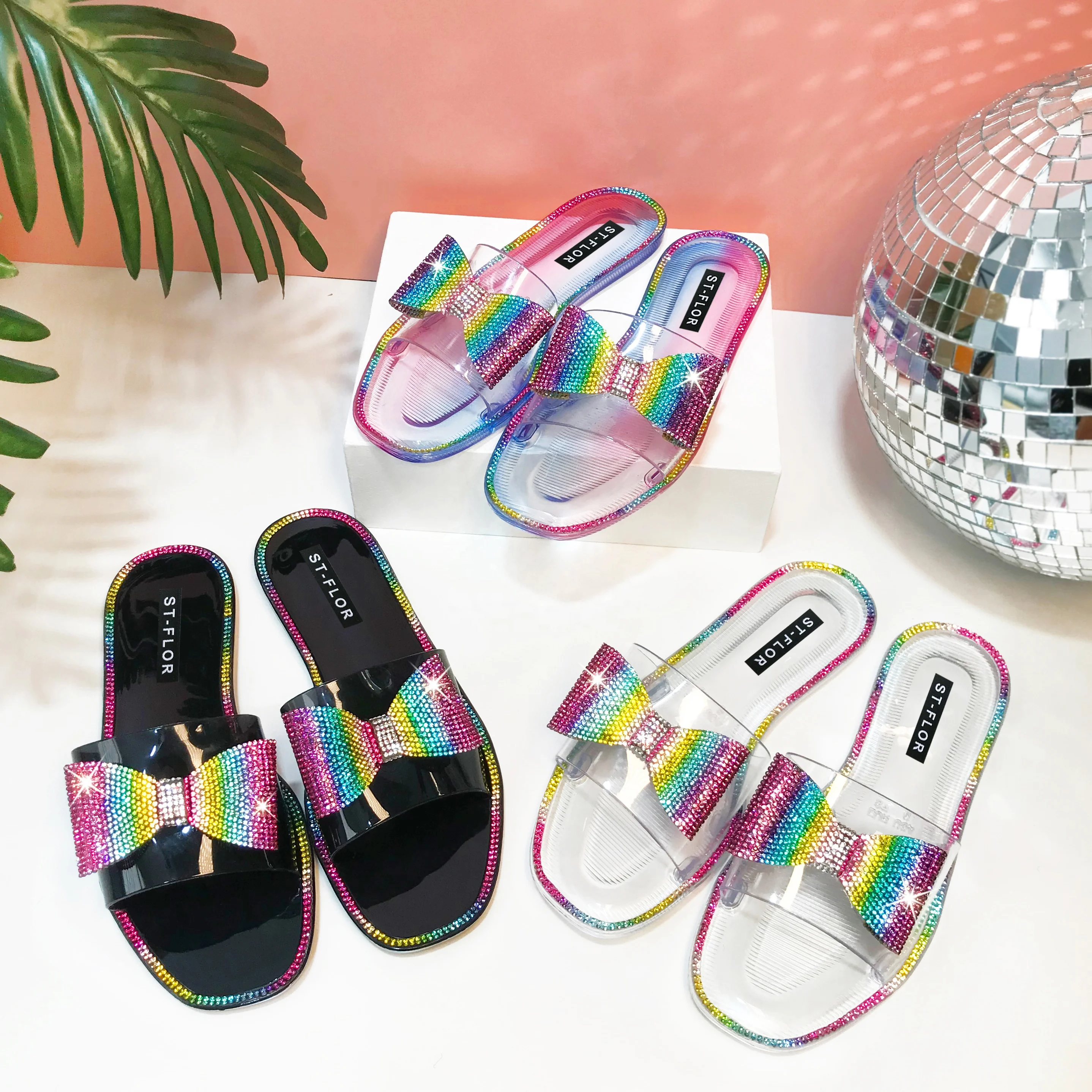 

New arrival women diamond sandals casual rivet lady Fashion colorful slides bowknot outdoor sandals, Black/colorful /clear