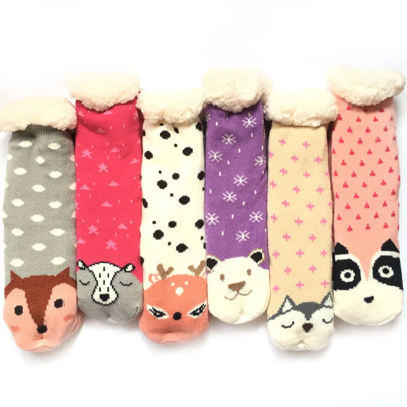 

Christmas Women Fluffy Thick Knit Sherpa Fleece Lined Socks Animal Heave Knitted Thermal Fuzzy Slipper Socks With Grippers