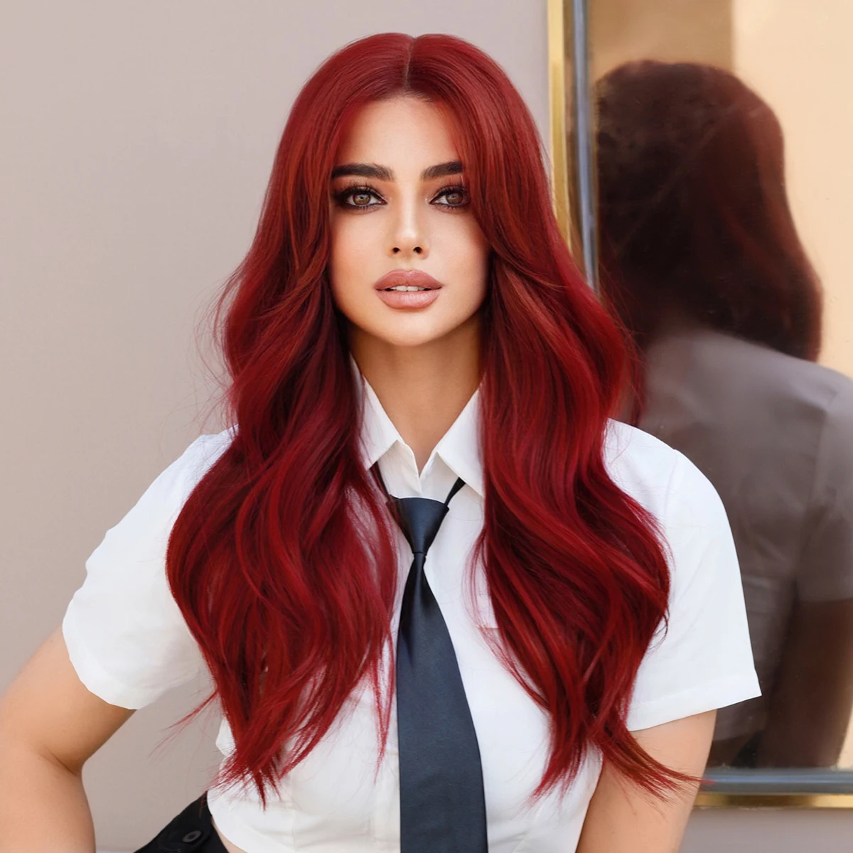 

Lace Front Wigs Long Red Wavy Wigs for Women Curly Middle Part Burgundy Wig Natural Looking Synthetic Heat Resistant Fiber Wigs