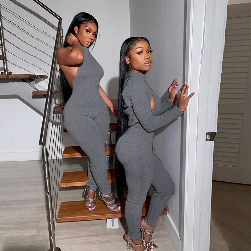 

new arrival winter solid color sweater sleeveless backless one piece jumpsuit for women