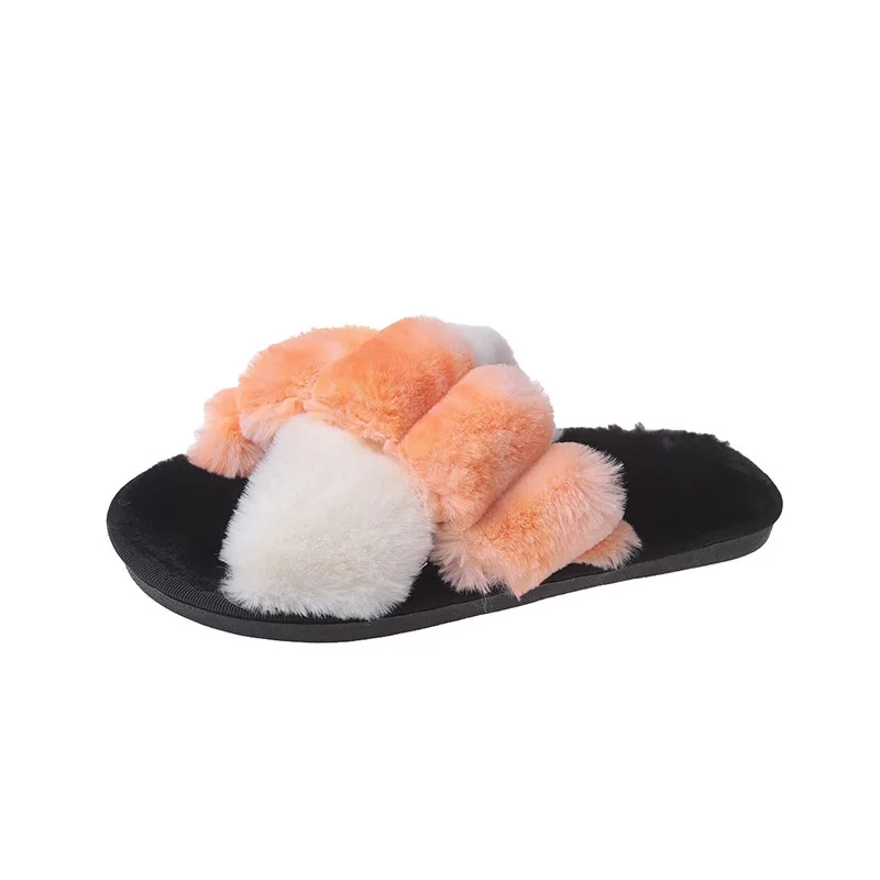 

Dropshipping Fashion Home Ladies Slippers Color Matching Cross Plush Open Toe Ladies Flat Cotton Shoes