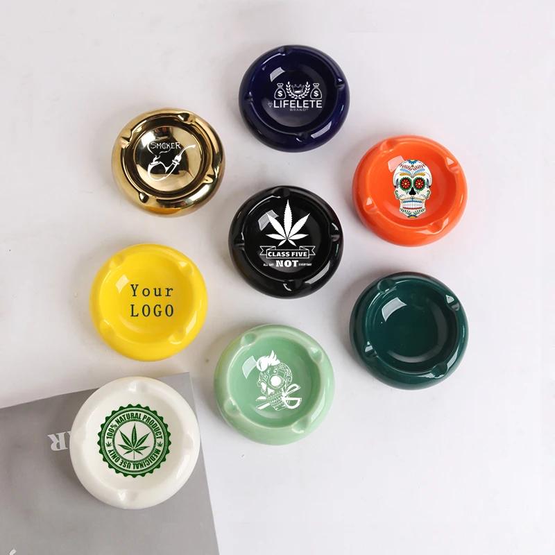 

Dark BLUE ceramic ashtray with custom logo by laser engraved decal print OEM tray hotel restaurant porcelain ashtray