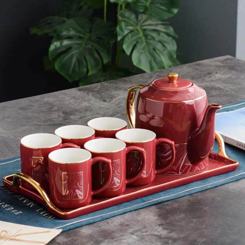 

Simple Luxury Design Household Porcelain Teapot with Cups Hotel Wine Red Ceramic Tea Pot Set