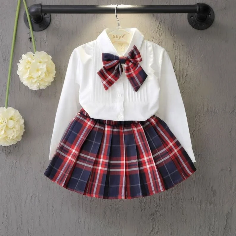 

Children Girl School Clothes White Bowtie Blouse and Red Blue Plaid Pleated Skirt 2 pcs Toddler Student Outfit Clothing Set, White red