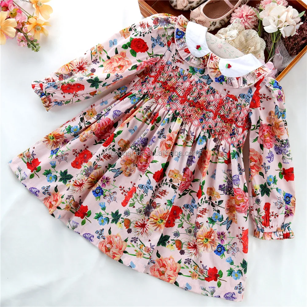 

fall floral baby dress for girls Smocked dresses princess party birthday long sleeve children clothes wholesale C071683