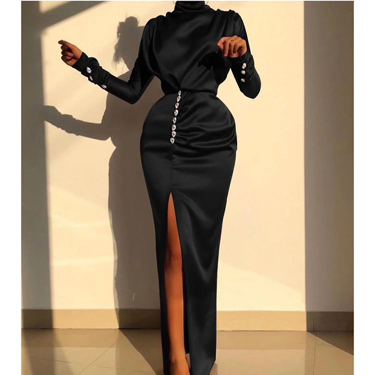 

Women's High Neck Split Rhinestone Decor Long Sleeves Long Maxi Party Evening Dresses, As picture