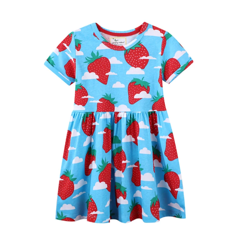 

High quality and beautiful summer children printed cotton strawberry print dress, Blue